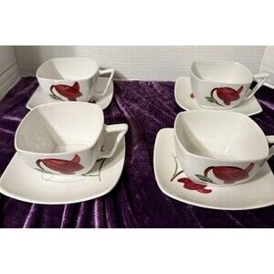 VTG Orchard Ware California Red Lily Square Tea Cup & Saucer Set of 4 READ! Chip